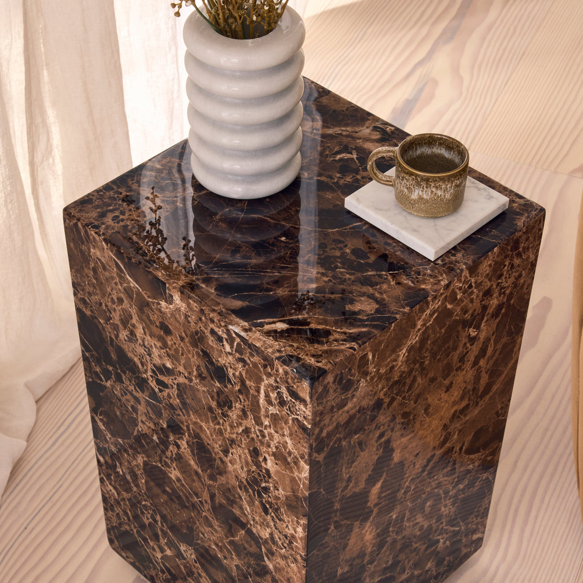 Atella - Dark Emperador Rectangular Premium Solid Marble Side Table