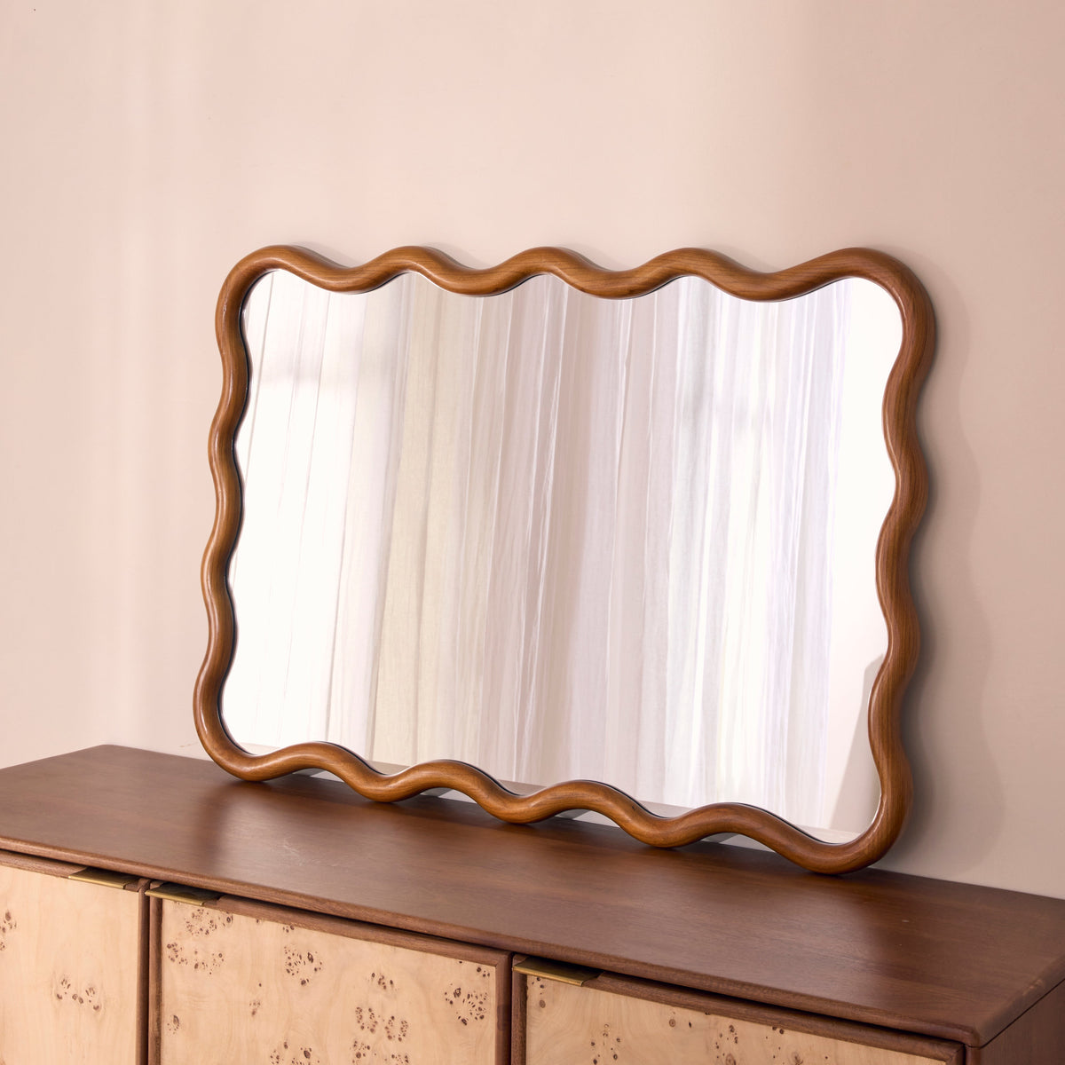 Marea - Dark Wood Wavy Retro Wall Mirror 100cm x 70cm
