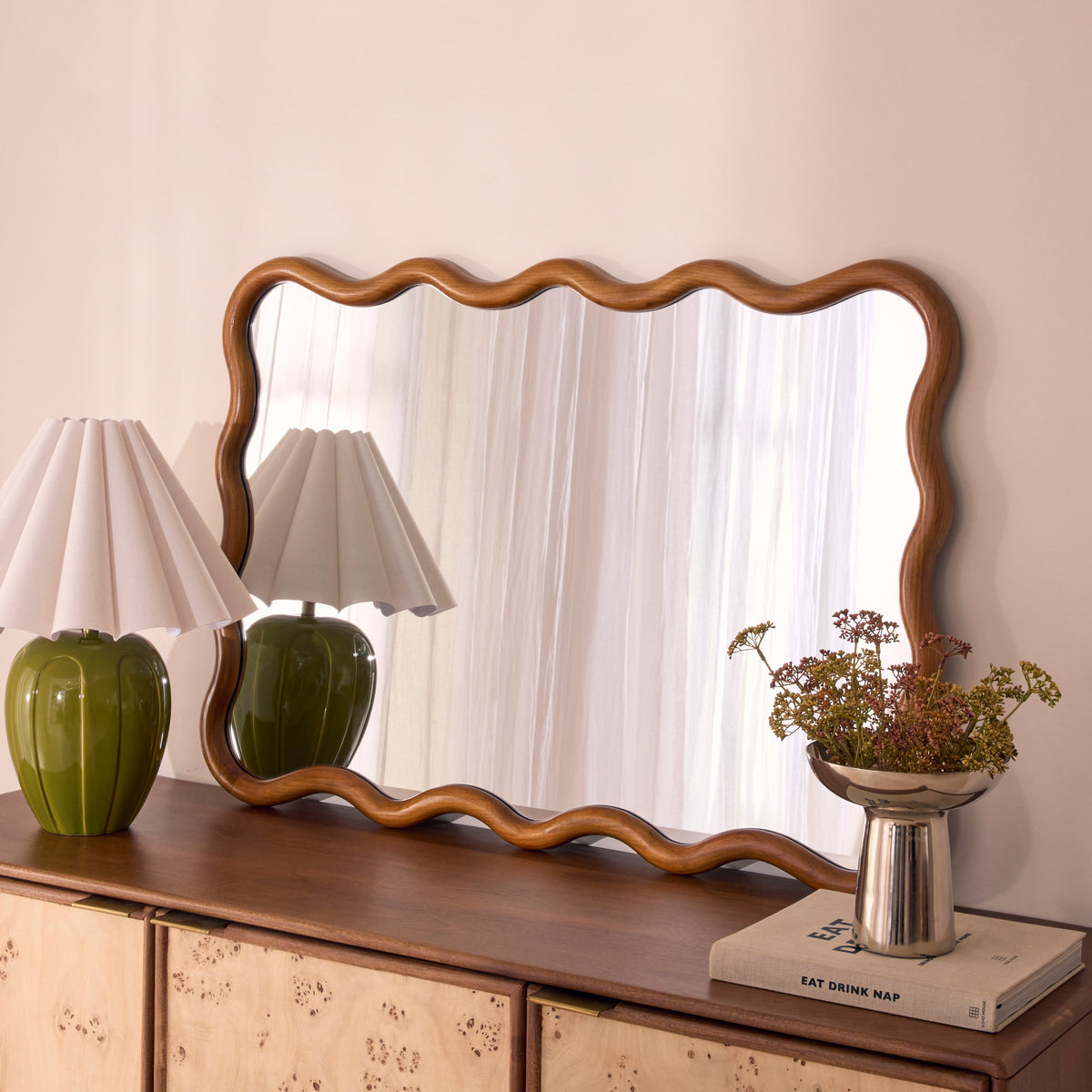 Marea - Dark Wood Wavy Retro Wall Mirror 100cm x 70cm