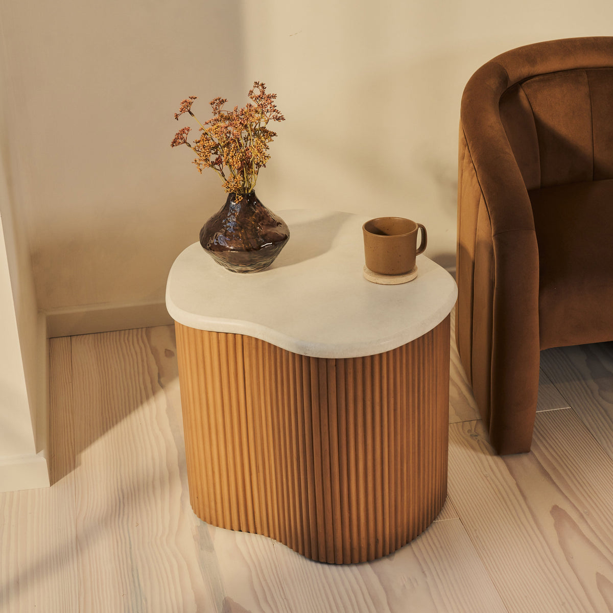 Cove - Warm Wood Ribbed Irregular Side Table