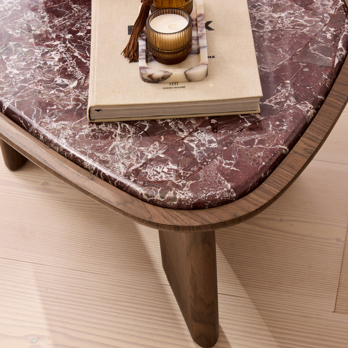 Belmont - Red Marble Irregular Dark Wood Coffee Table