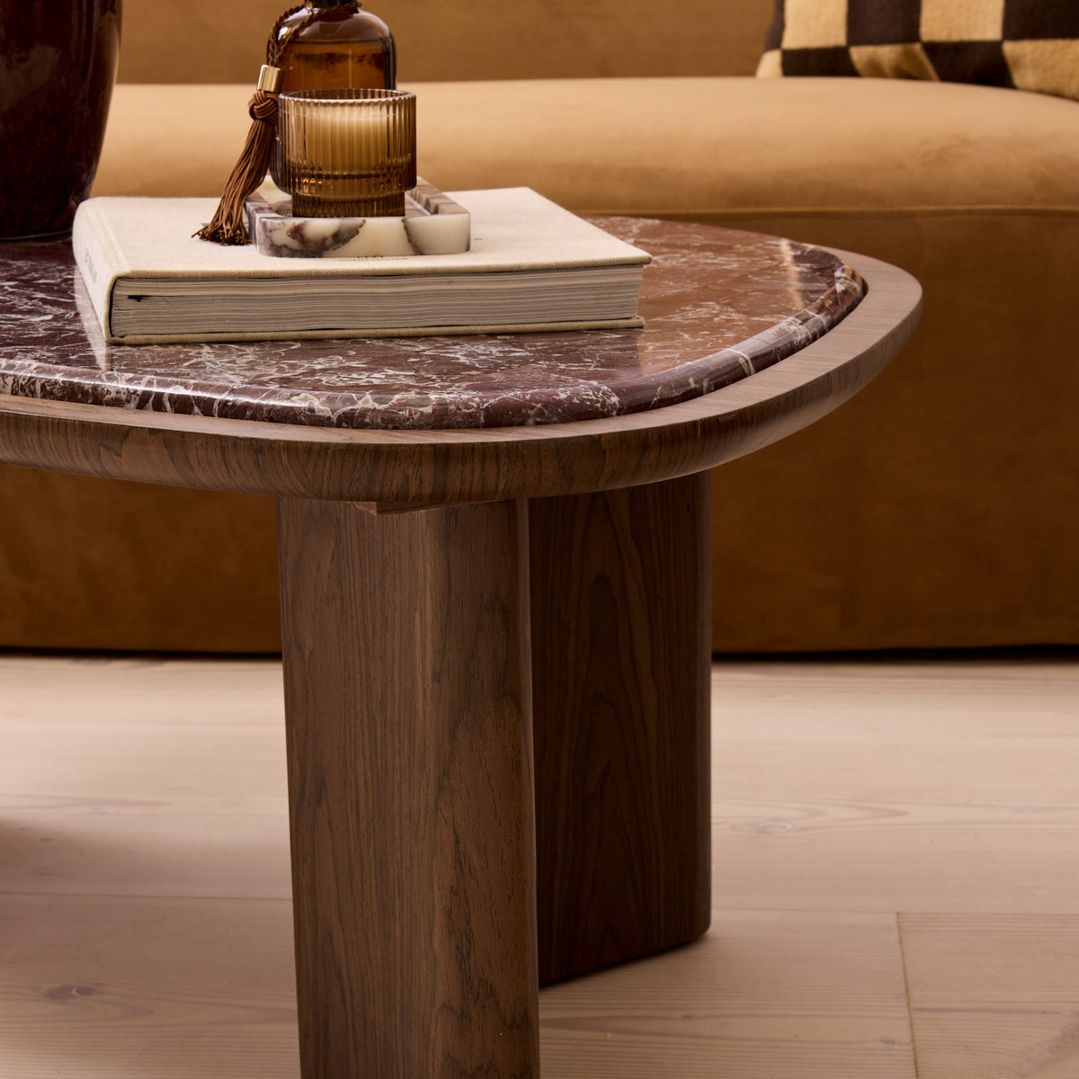 Belmont - Red Marble Irregular Dark Wood Coffee Table