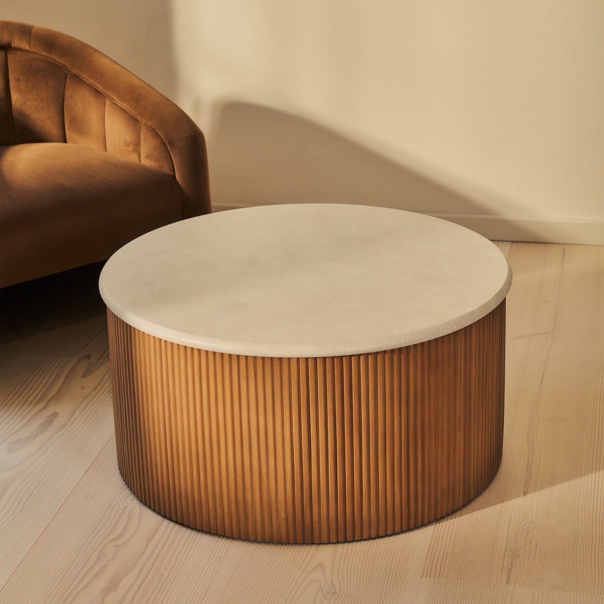 Cove - Warm Wood Ribbed Round Coffee Table