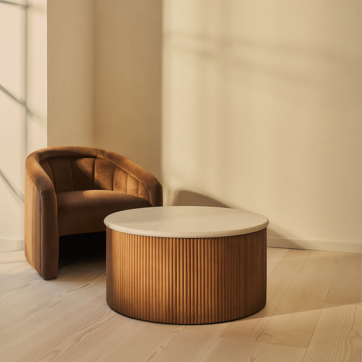 Cove - Warm Wood Ribbed Round Coffee Table