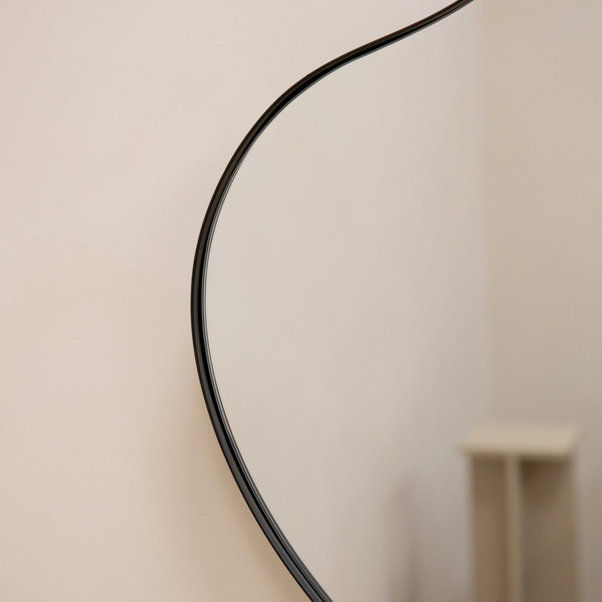 Black metal pond shaped irregular wall mirror closeup