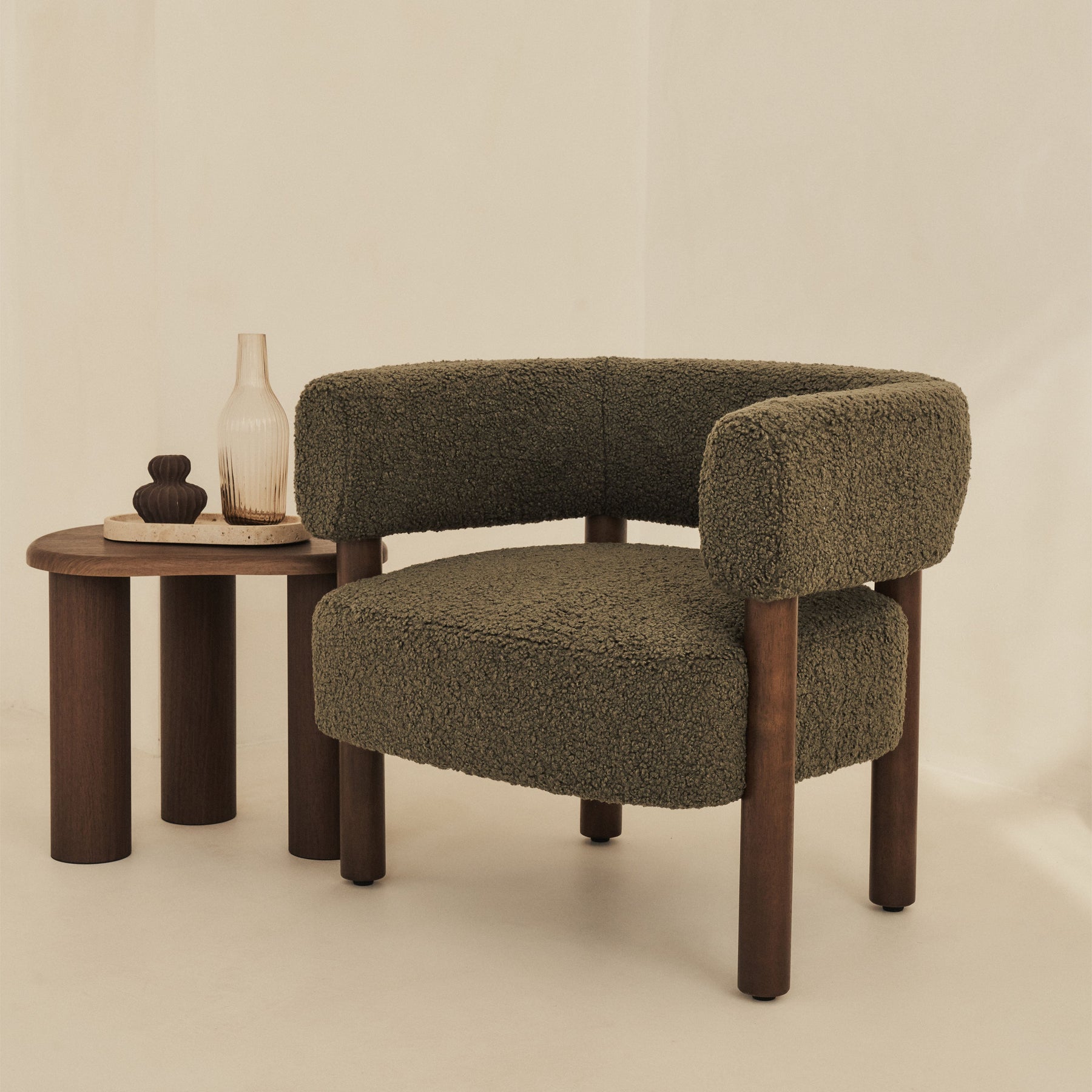 Cara - Boucle Accent Chair Olive & Dark Wood