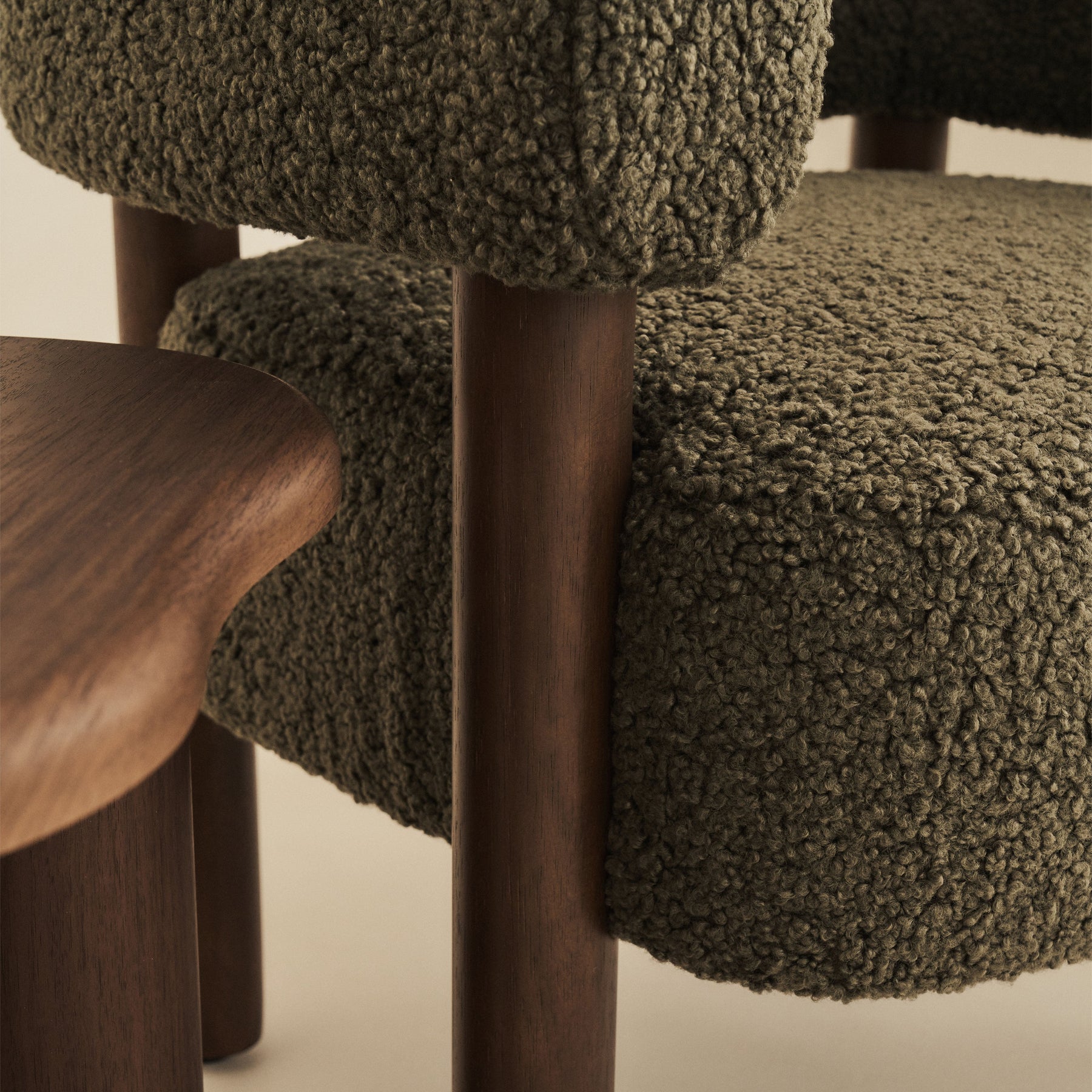 Cara - Boucle Accent Chair Olive & Dark Wood