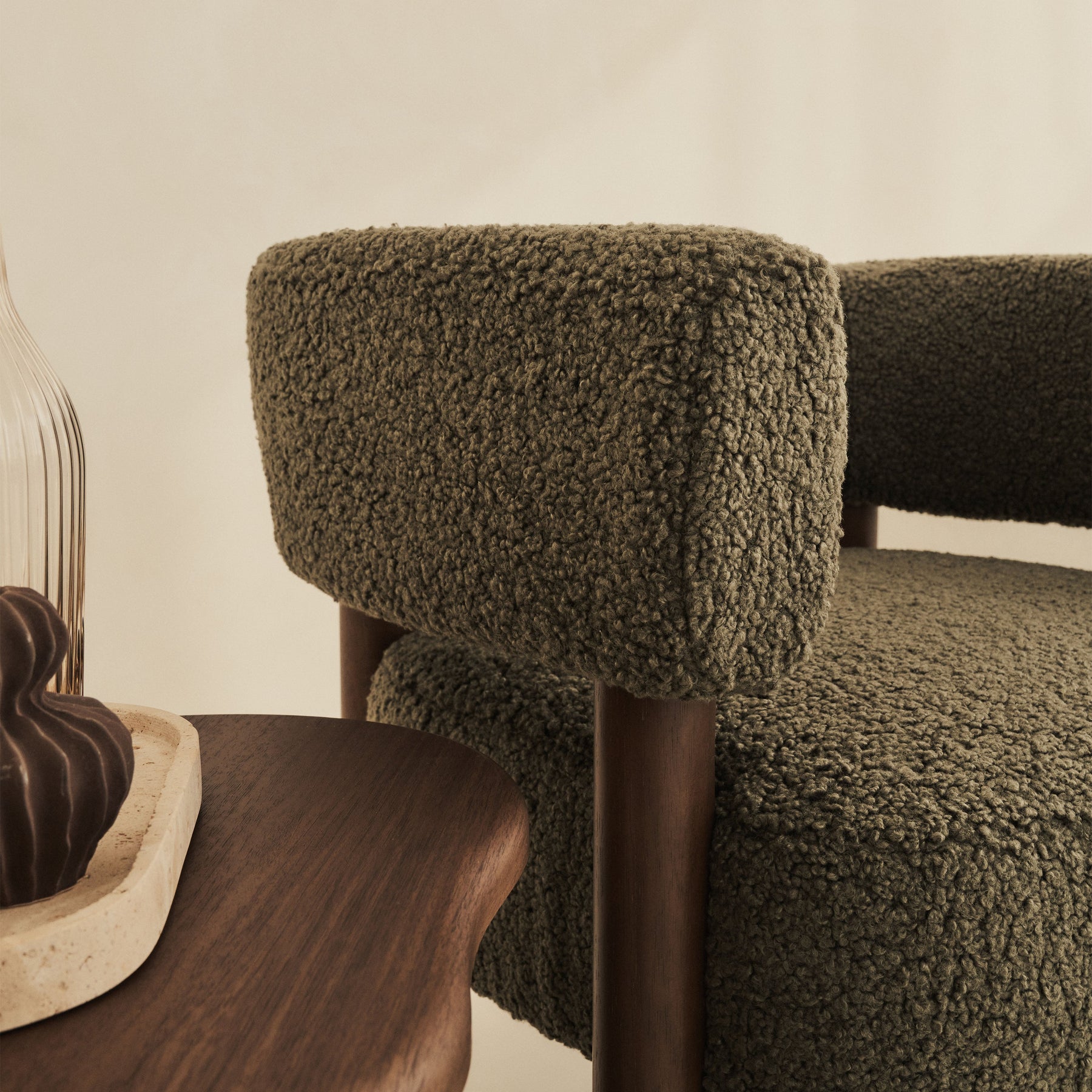 Cara - Boucle Accent Chair Olive & Dark Wood