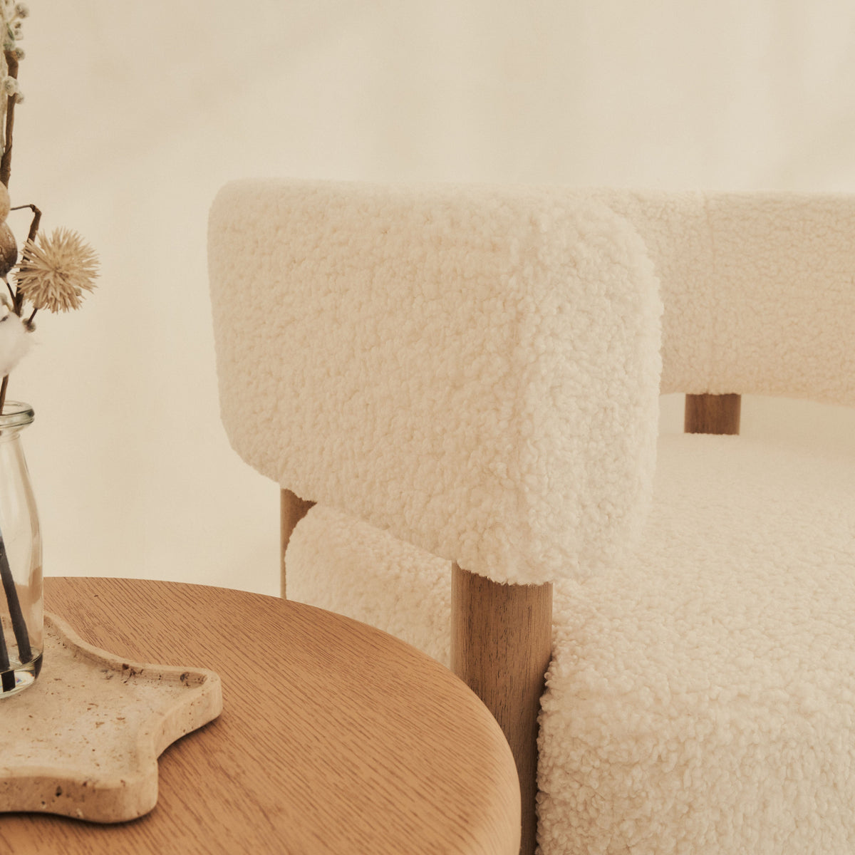 Cara - Boucle Accent Chair Ivory & Warm Wood