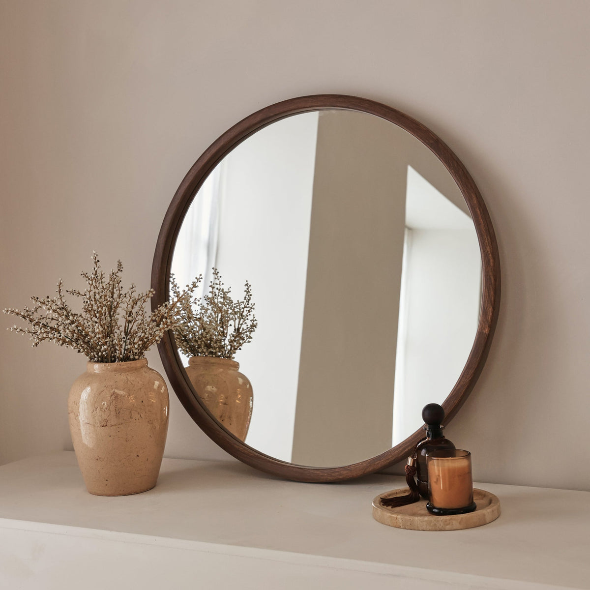 Arden - Dark Wood Round Wooden Wall Mirror 70cm x 70cm