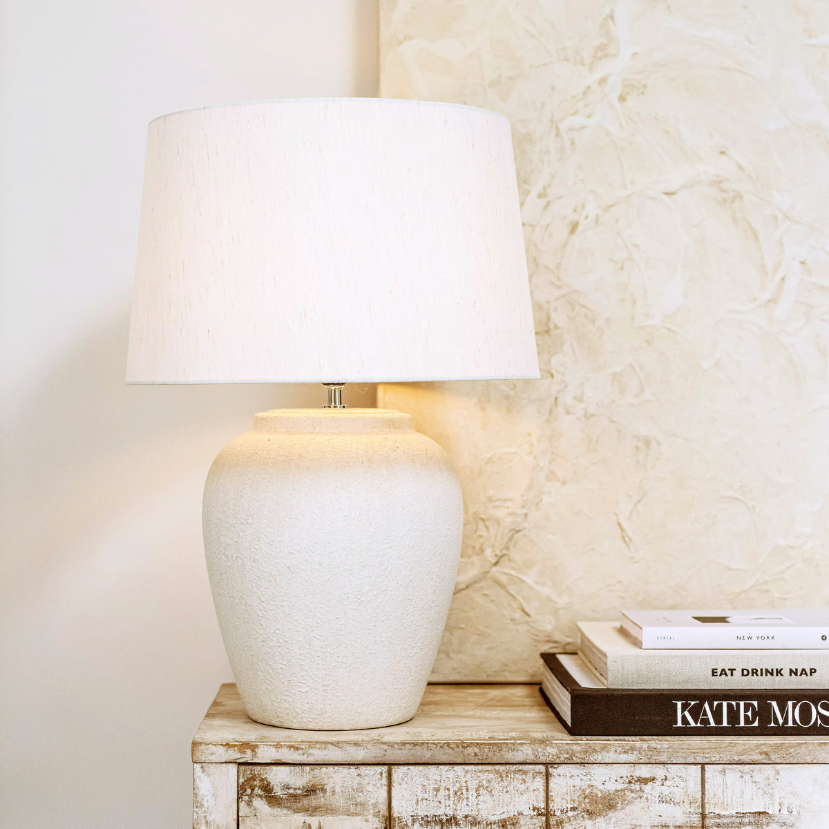 Stone Ceramic Drum Shade Table Lamp in natural sunlight