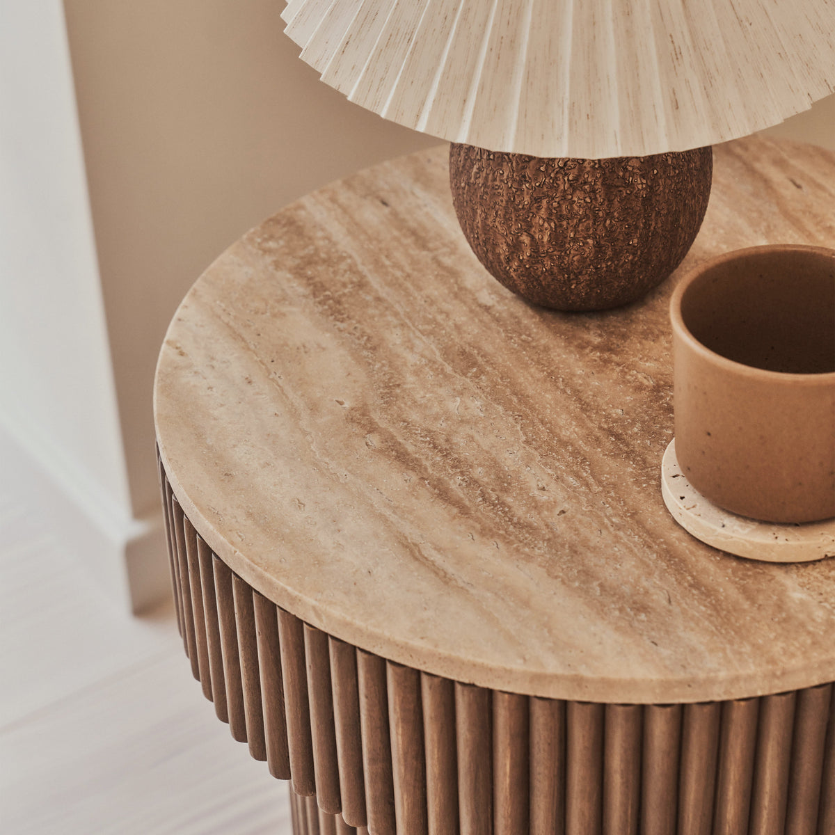 Sloane - Beige Travertine Round Warm Wood Premium Side Table