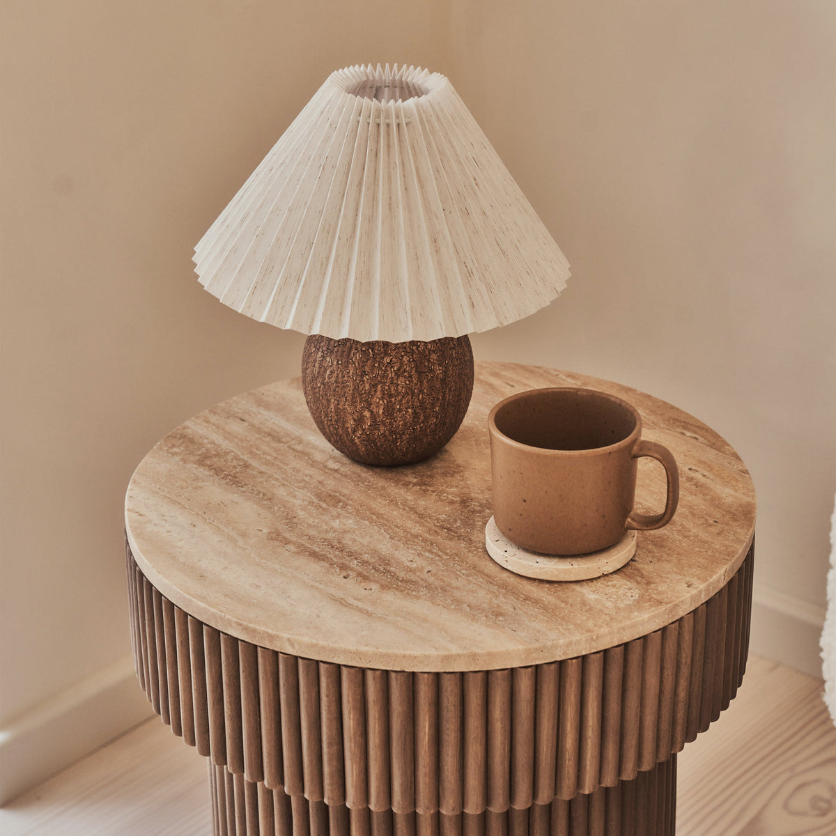 Sloane - Beige Travertine Round Warm Wood Premium Side Table