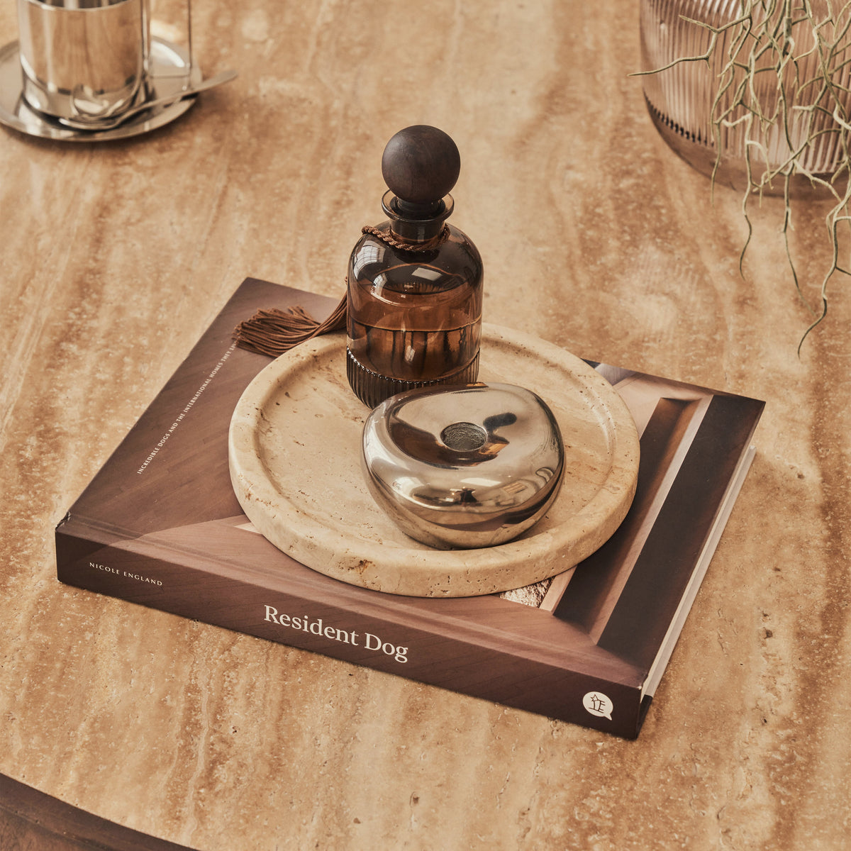 Valor - Beige Travertine Round Dark Wood Premium Coffee Table