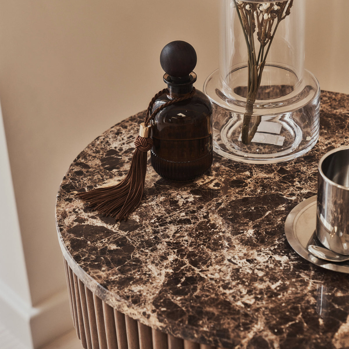 Sloane - Dark Emperador Marble Round Warm Wood Premium Side Table