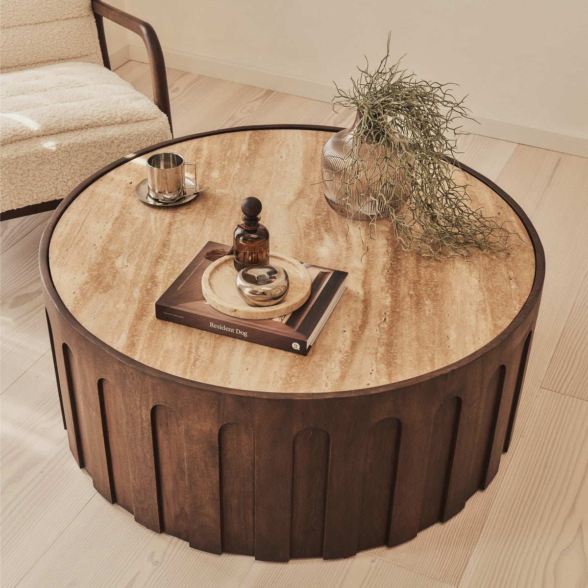 Valor - Beige Travertine Round Dark Wood Premium Coffee Table