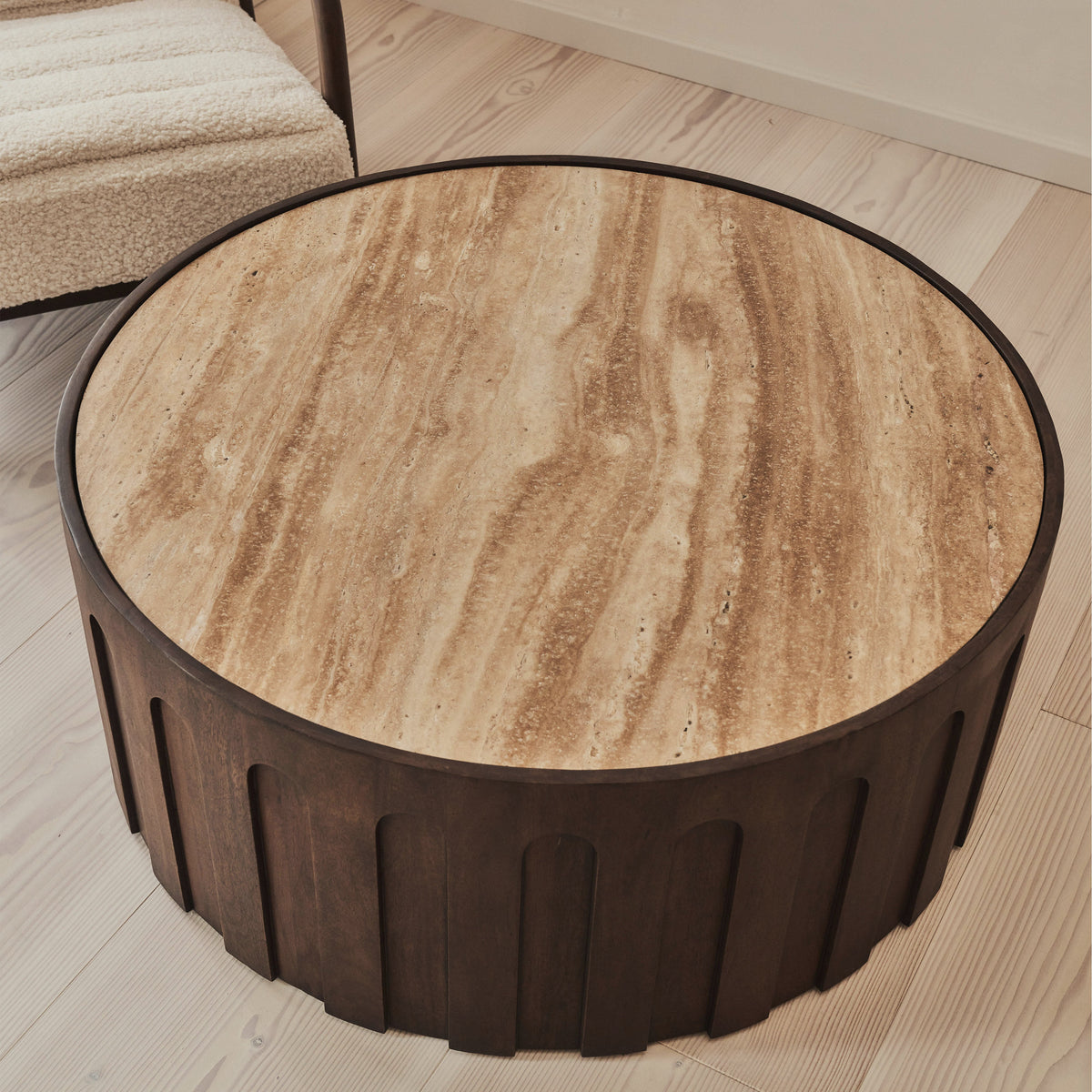 Valor - Beige Travertine Round Dark Wood Premium Coffee Table