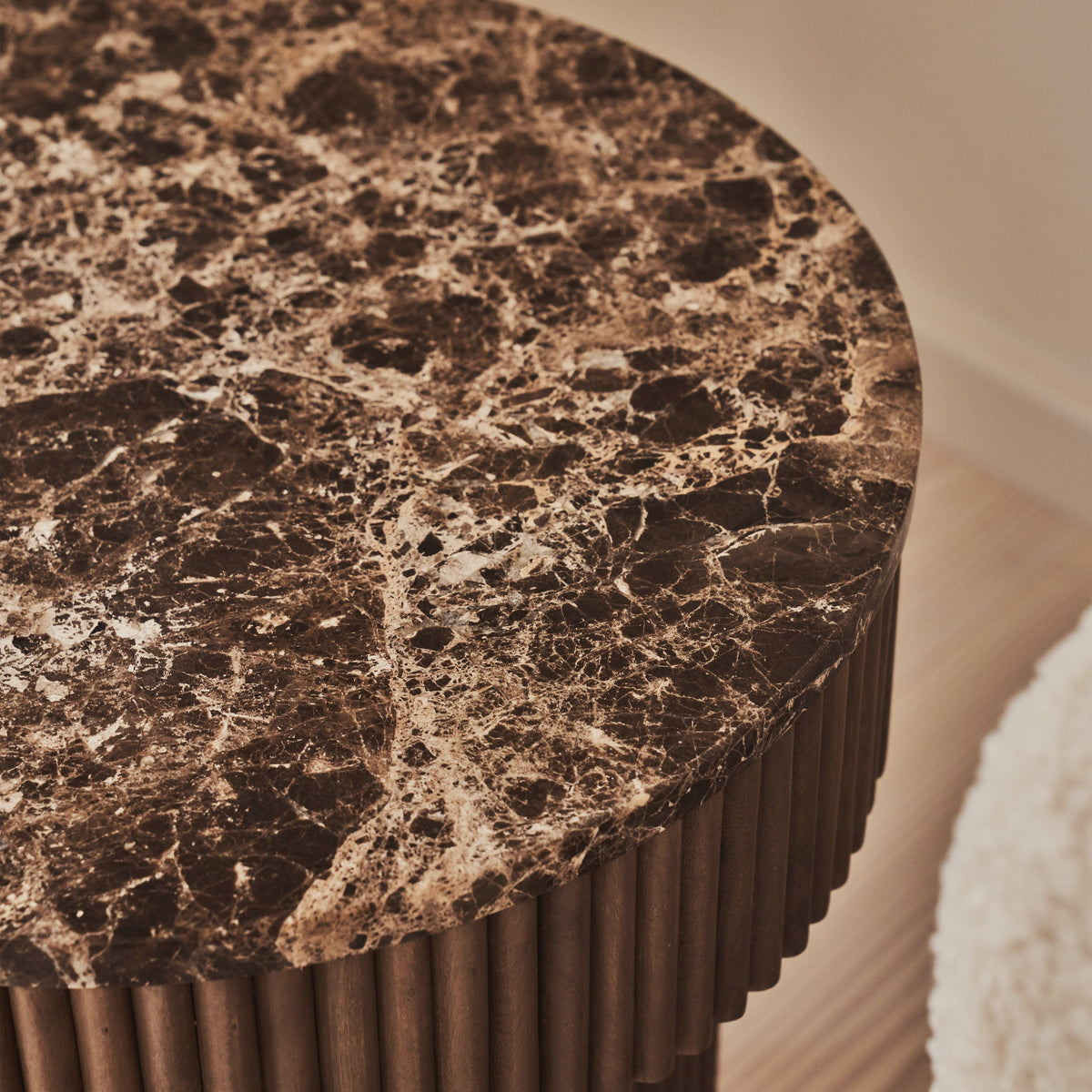Sloane - Dark Emperador Marble Round Warm Wood Premium Side Table