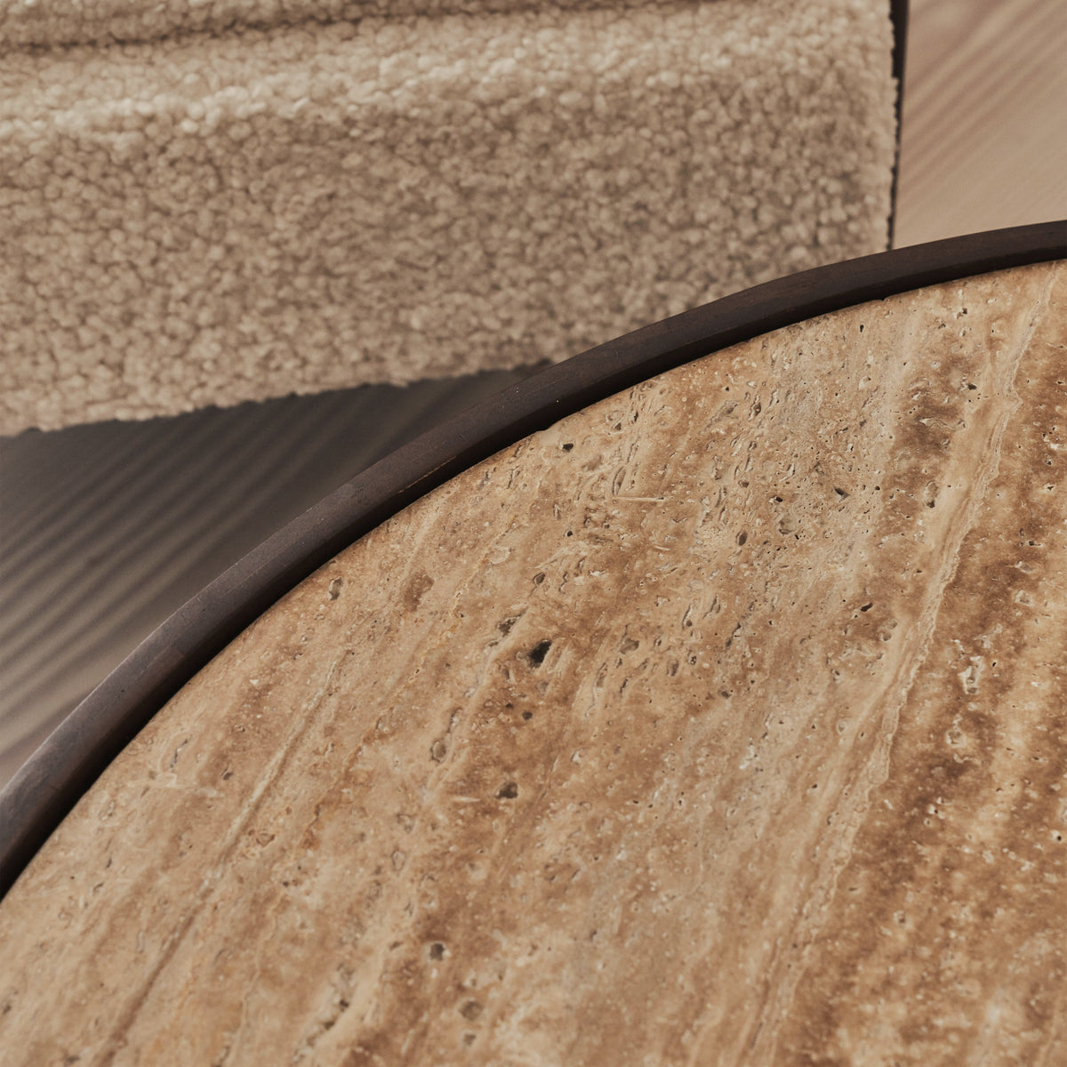 Valor - Beige Travertine Round Dark Wood Premium Coffee Table