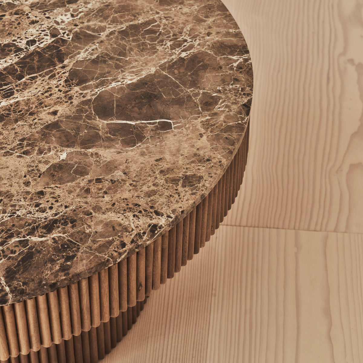 Sloane - Dark Emperador Marble Round Warm Wood Premium Coffee Table