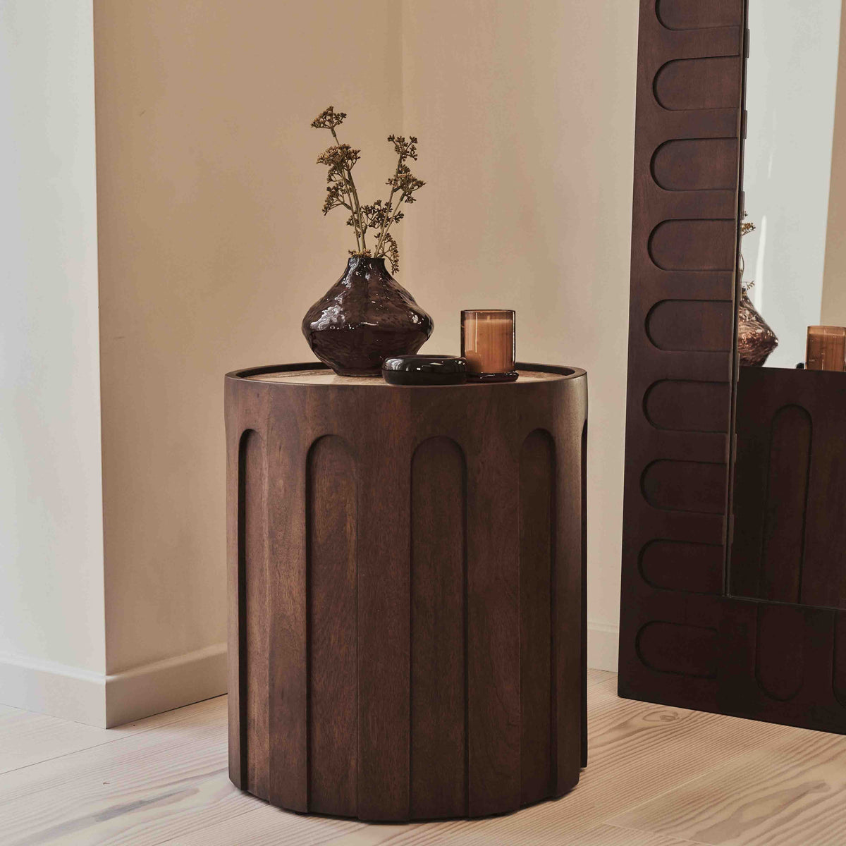 Valor - Beige Travertine Round Dark Wood Premium Side Table