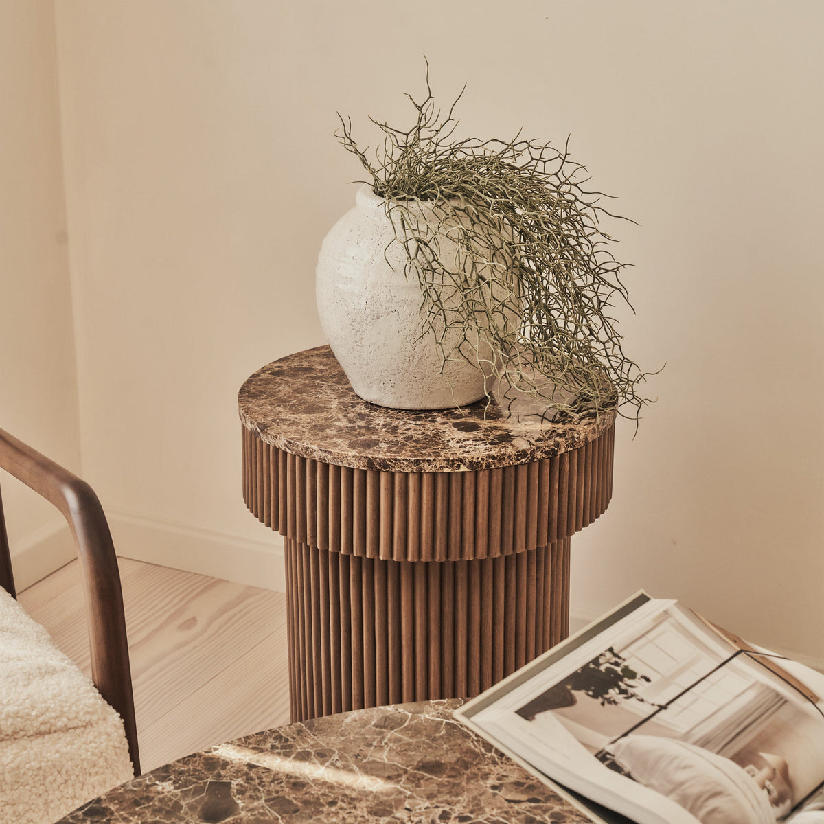 Sloane - Dark Emperador Marble Round Warm Wood Premium Side Table