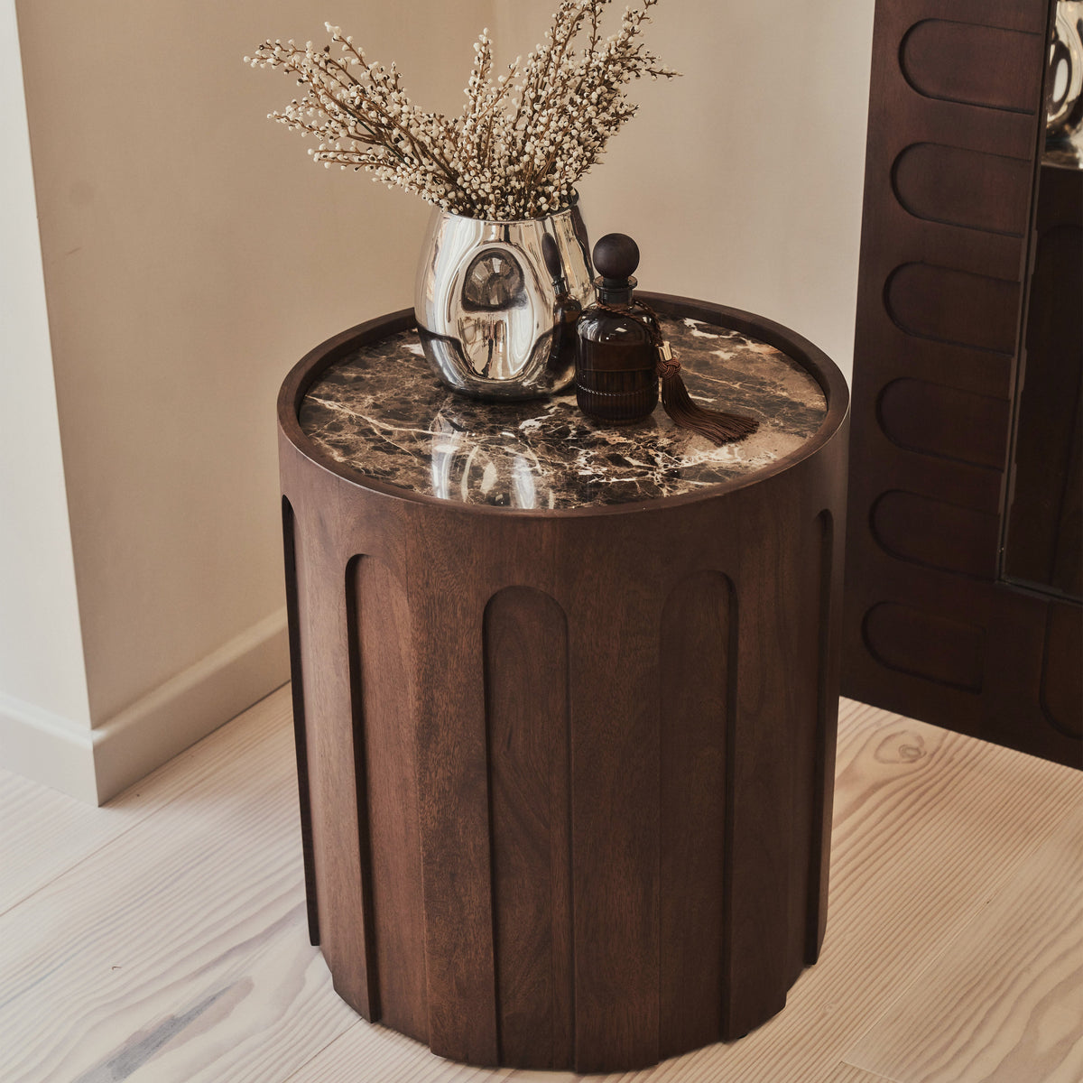 Valor - Dark Emperador Marble Round Dark Wood Premium Side Table