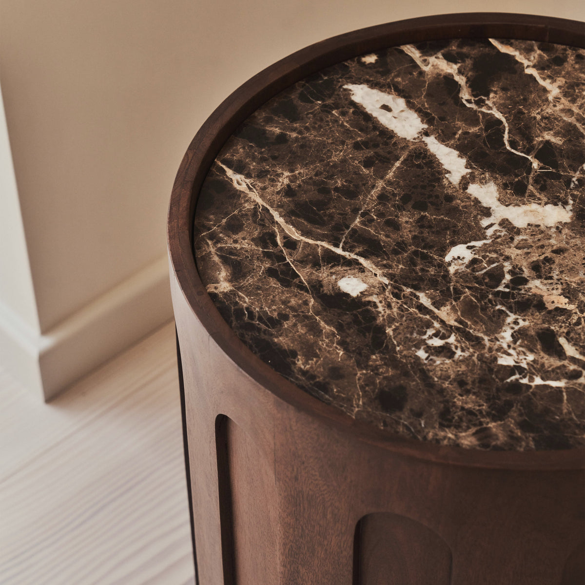 Valor - Dark Emperador Marble Round Dark Wood Premium Side Table