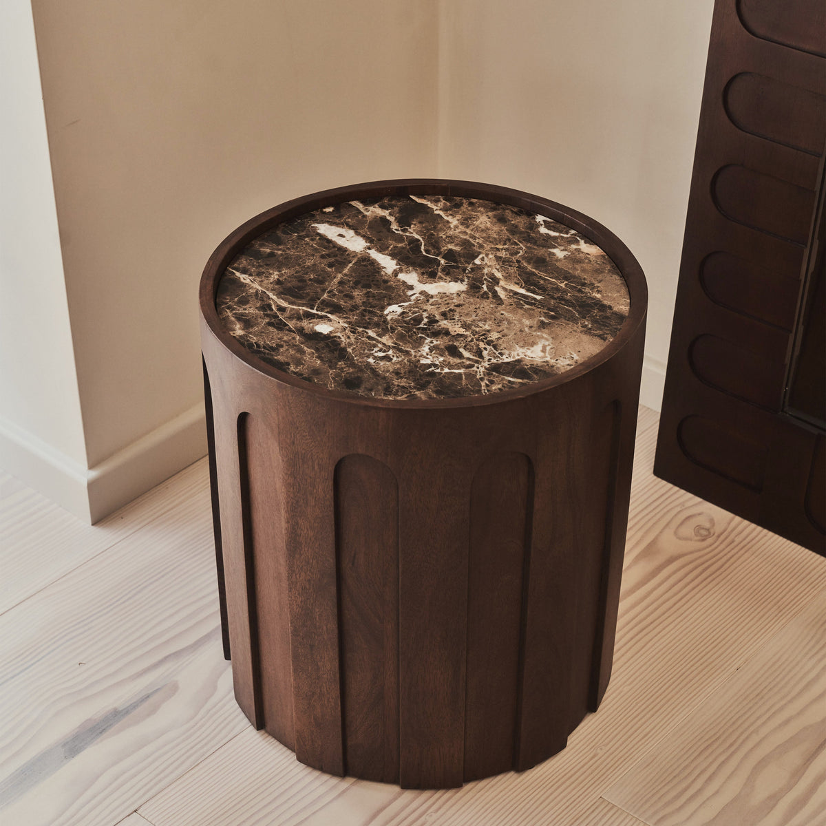 Valor - Dark Emperador Marble Round Dark Wood Premium Side Table
