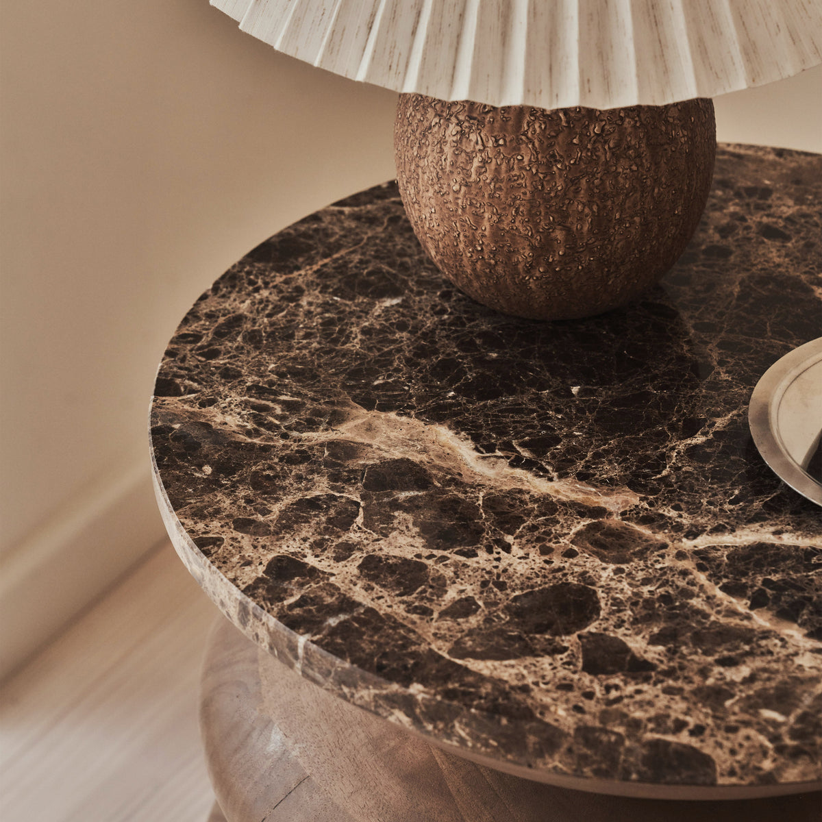 Orinthia - Dark Emperador Marble Round Warm Wood Premium Side Table