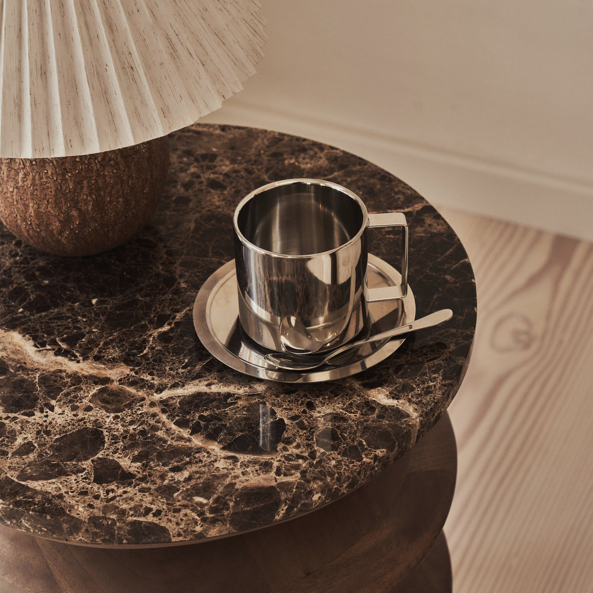 Orinthia - Dark Emperador Marble Round Warm Wood Premium Side Table