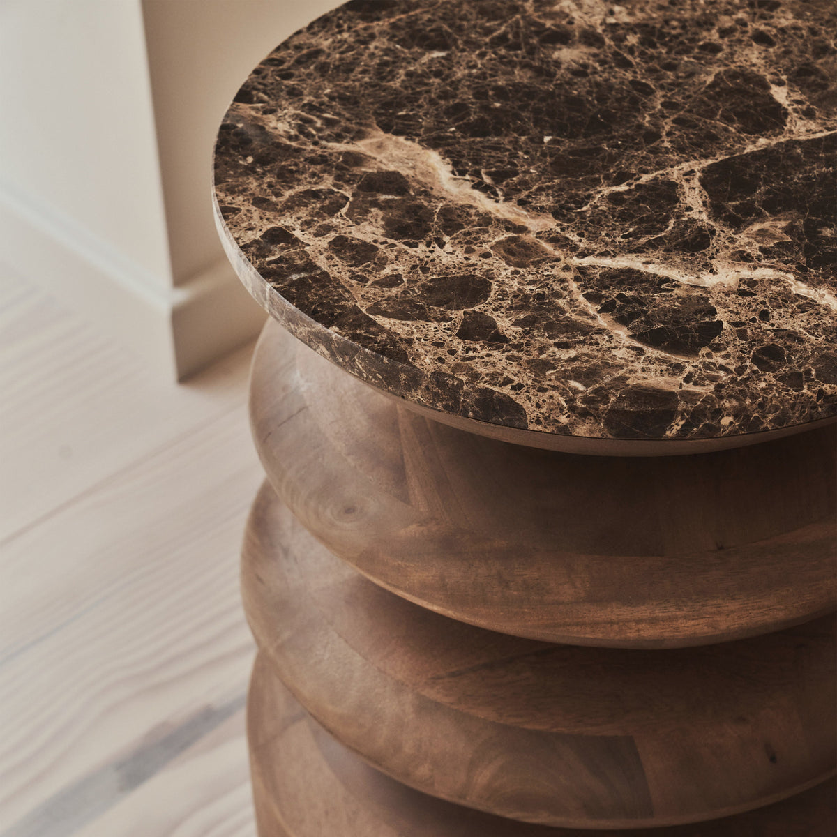 Orinthia - Dark Emperador Marble Round Warm Wood Premium Side Table