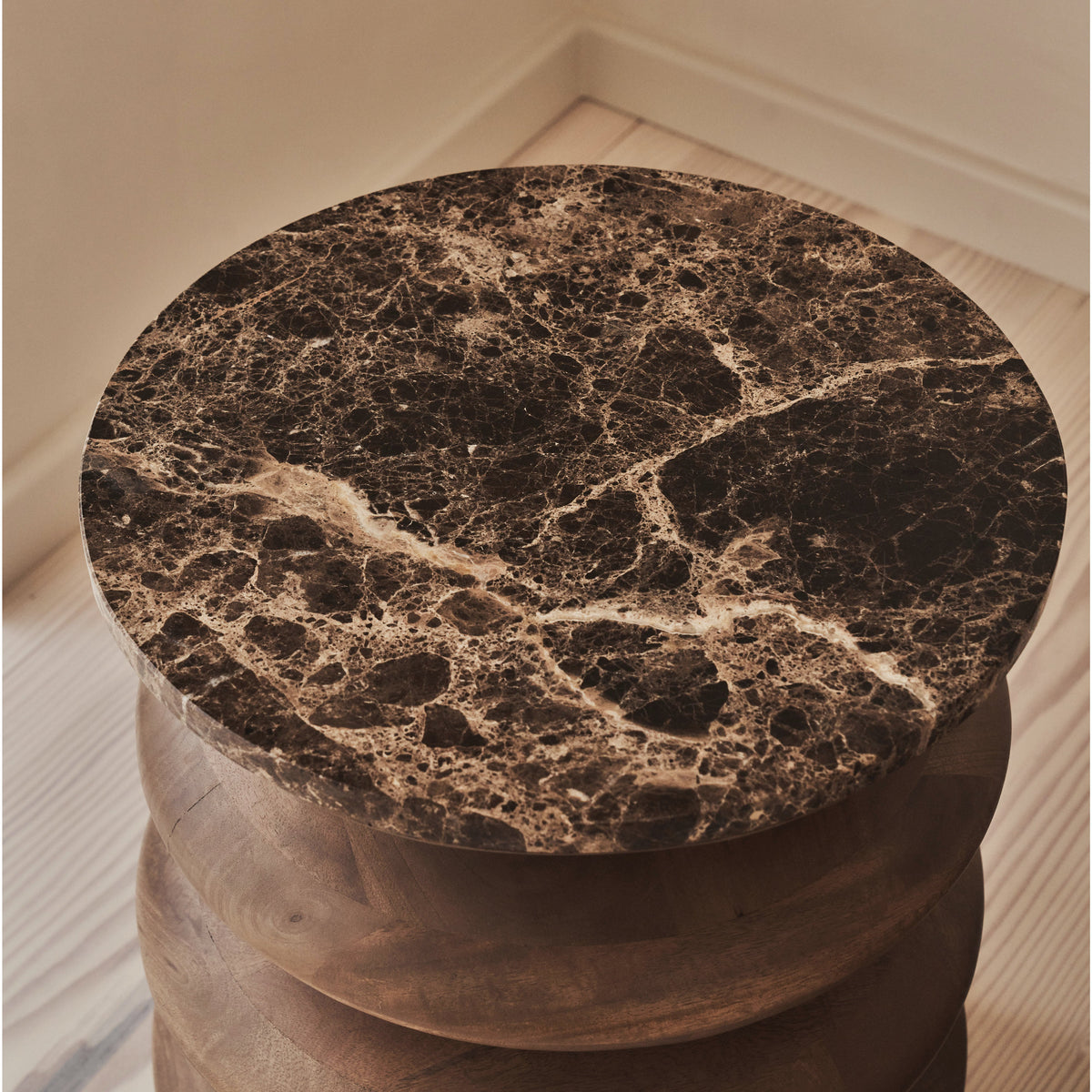 Orinthia - Dark Emperador Marble Round Warm Wood Premium Side Table