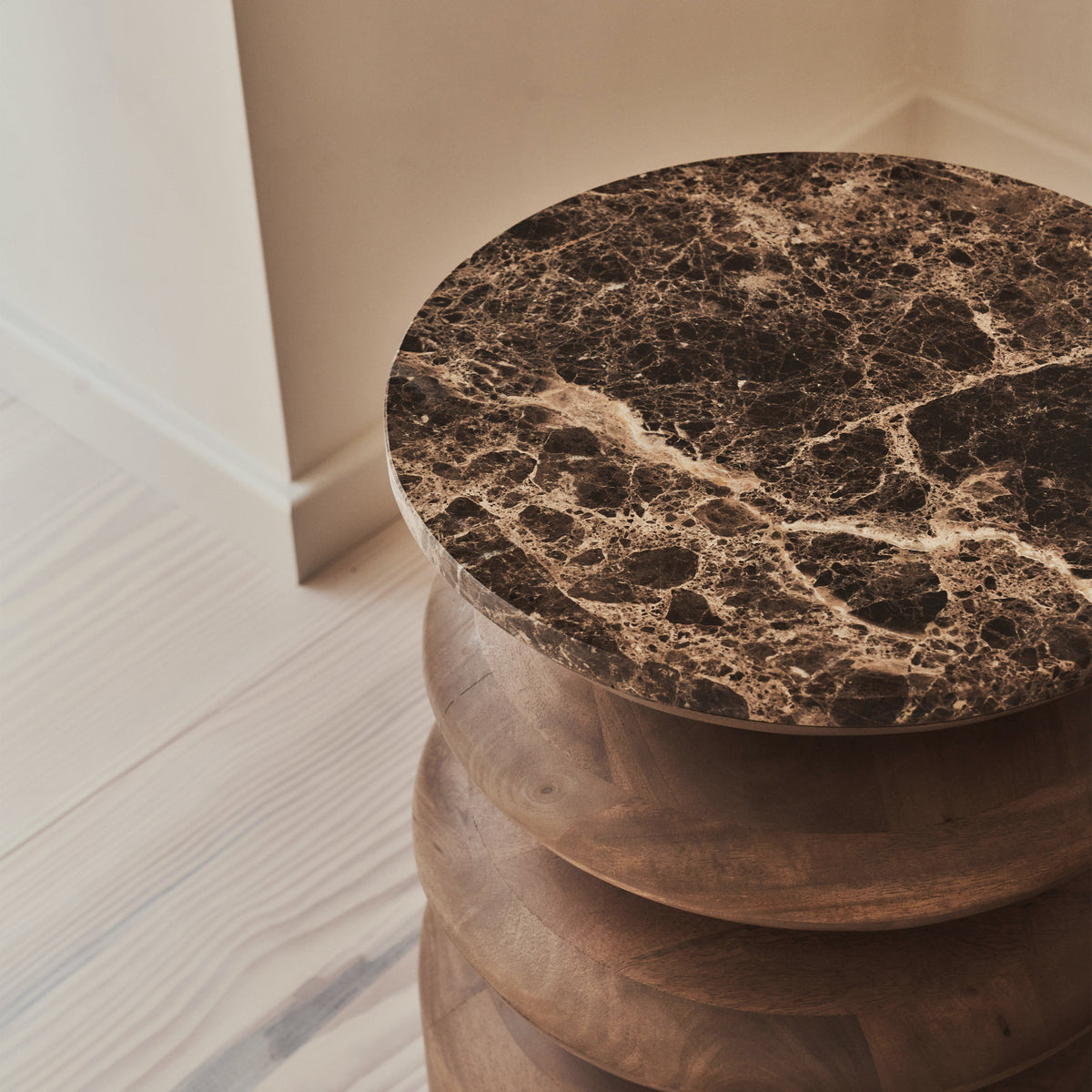 Orinthia - Dark Emperador Marble Round Warm Wood Premium Side Table