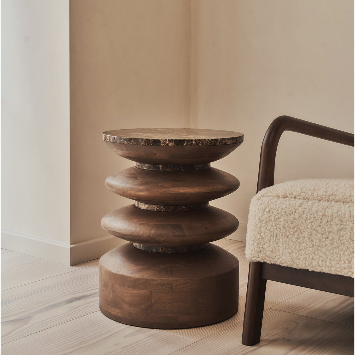 Orinthia - Dark Emperador Marble Round Warm Wood Premium Side Table