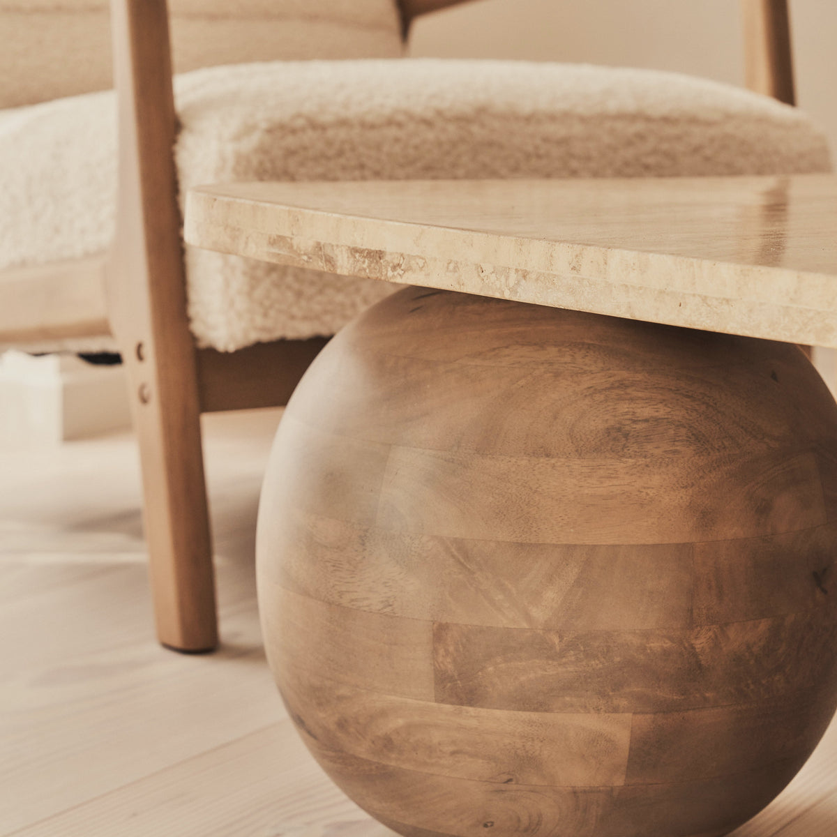 Melrose - Beige Travertine Rectangular Warm Wood Premium Coffee Table