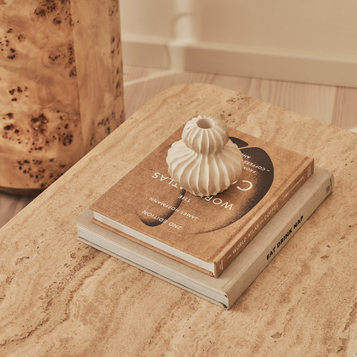 Melrose - Beige Travertine Rectangular Warm Wood Premium Coffee Table