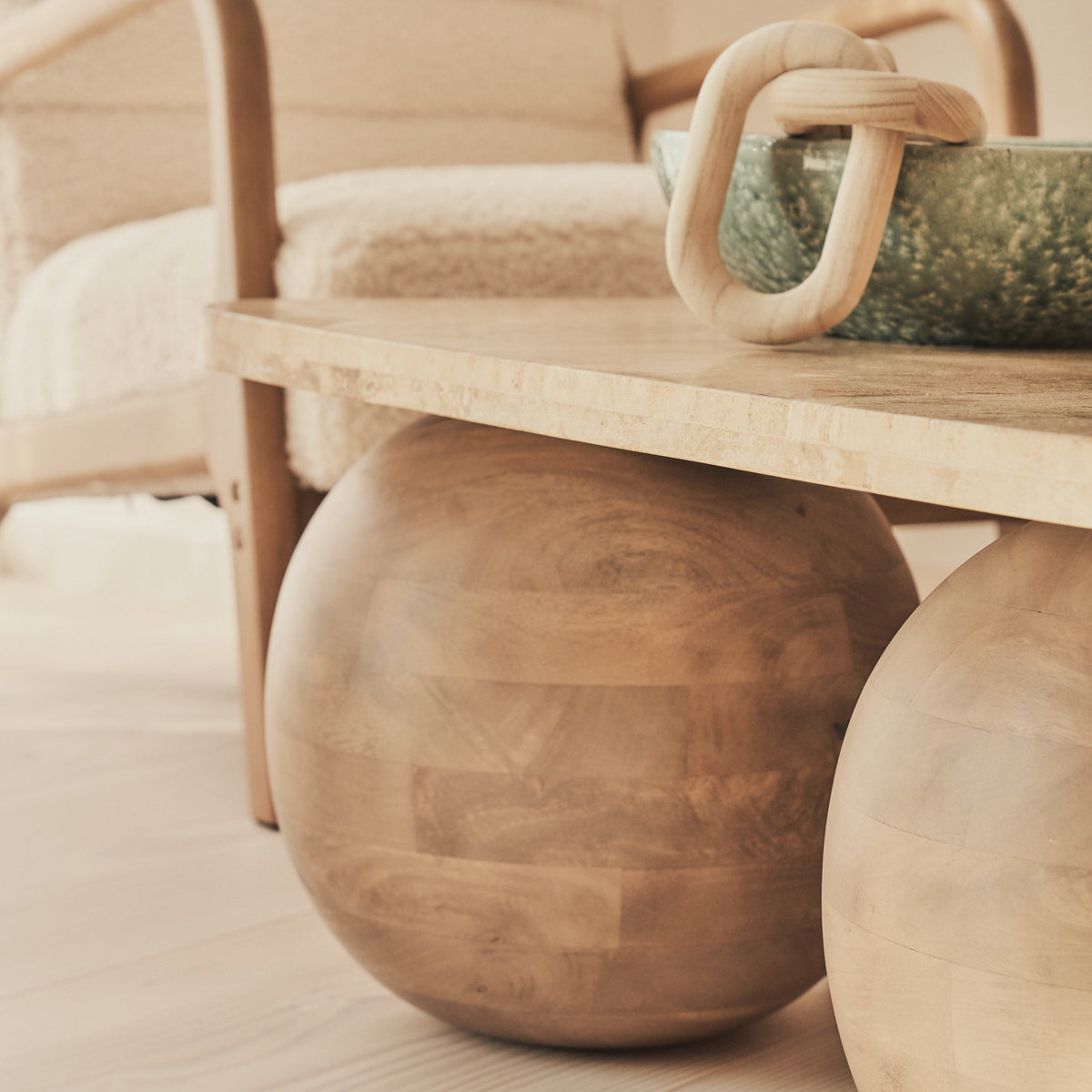 Melrose - Beige Travertine Rectangular Warm Wood Premium Coffee Table