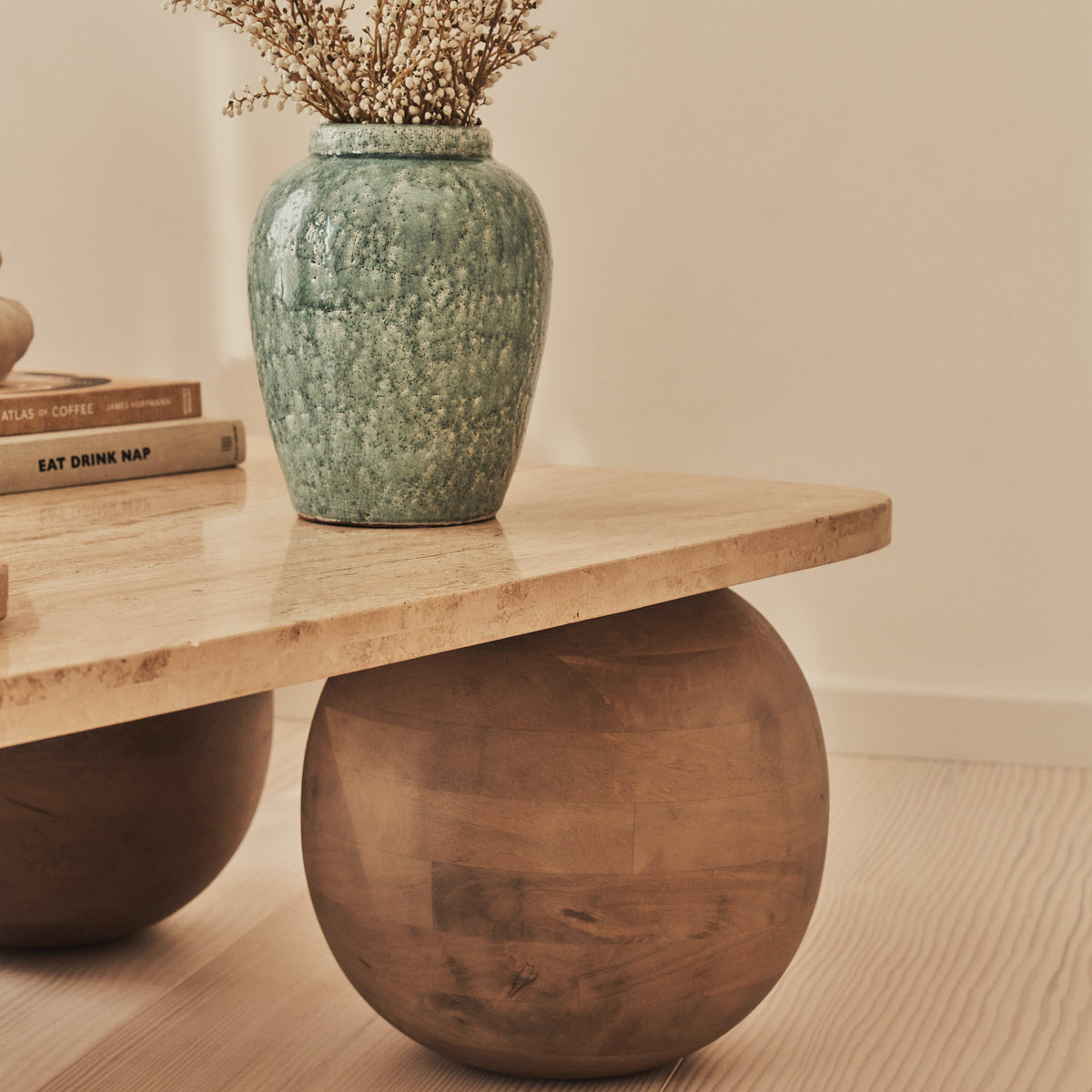 Melrose - Beige Travertine Rectangular Warm Wood Premium Coffee Table