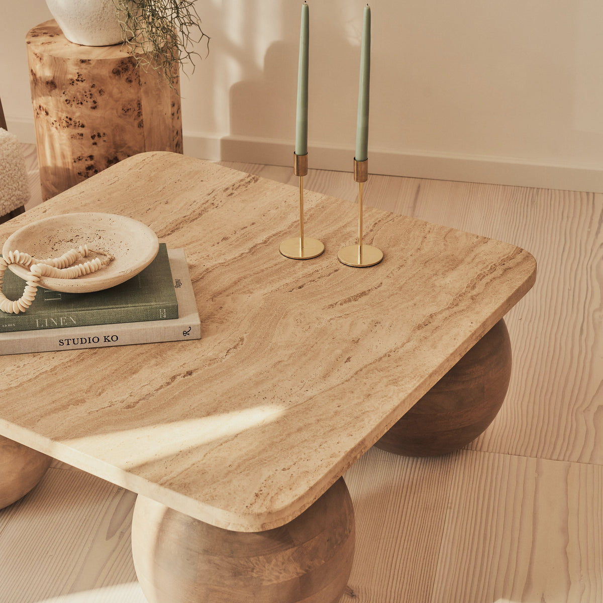 Melrose - Beige Travertine Square Warm Wood Premium Coffee Table