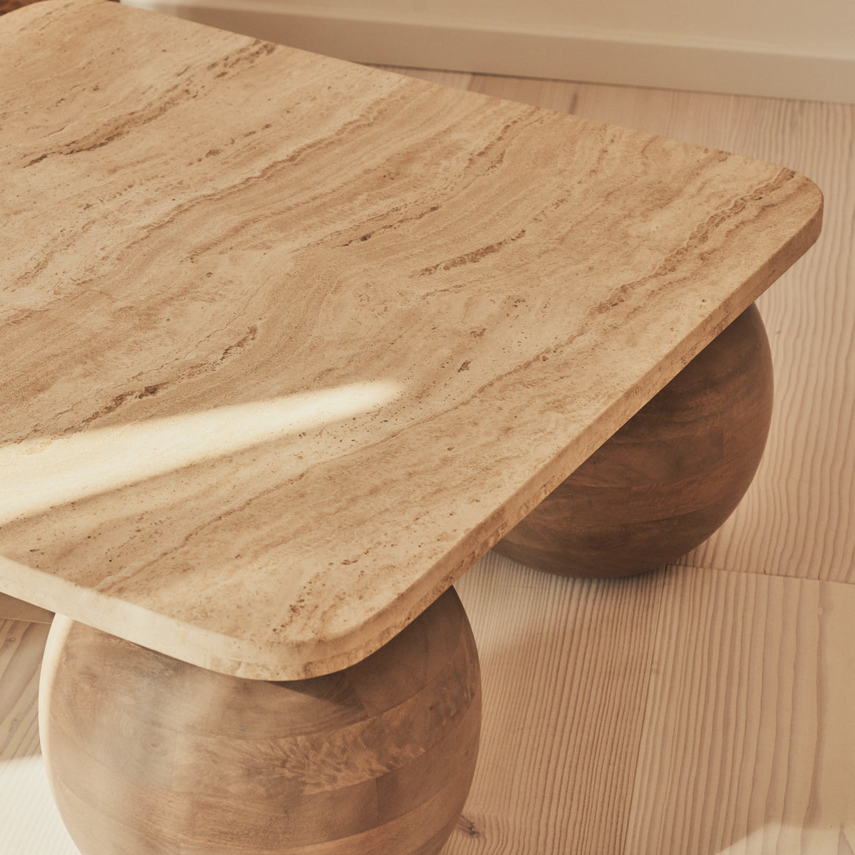 Melrose - Beige Travertine Square Warm Wood Premium Coffee Table