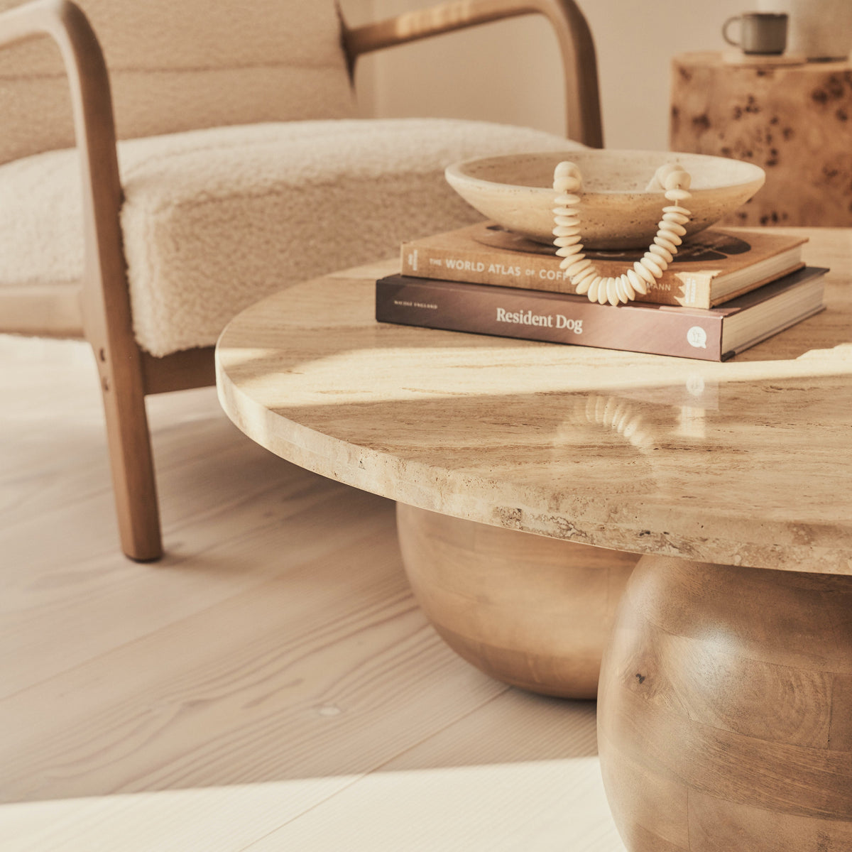 Melrose - Beige Travertine Round Warm Wood Premium Coffee Table