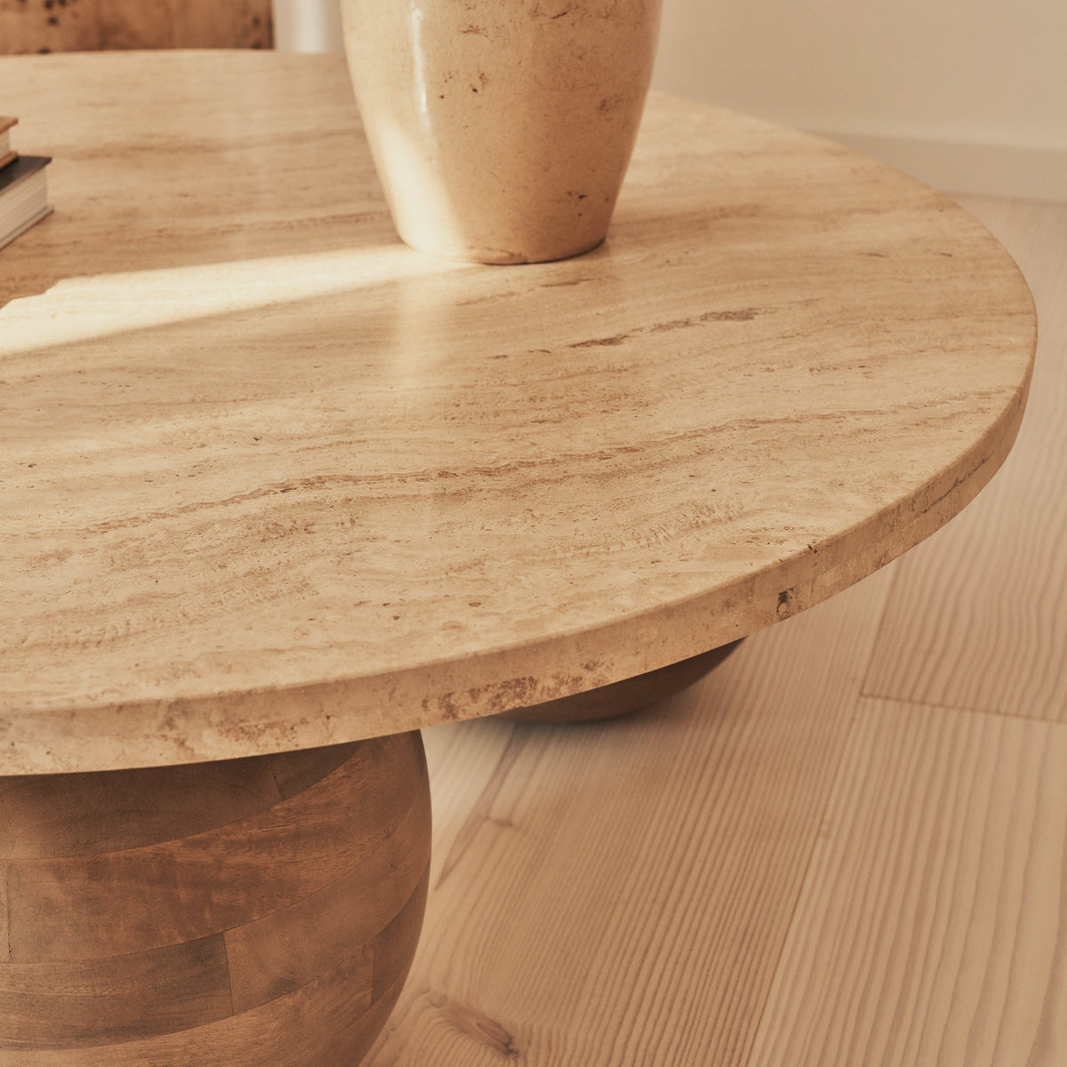 Melrose - Beige Travertine Round Warm Wood Premium Coffee Table