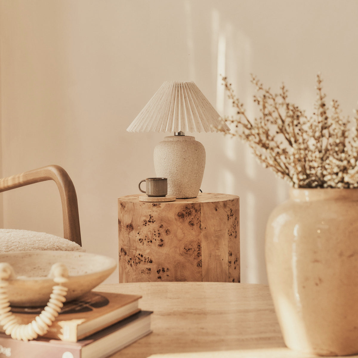 Melrose - Beige Travertine Round Warm Wood Premium Coffee Table