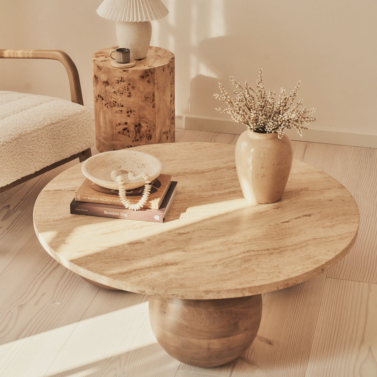 Melrose - Beige Travertine Round Warm Wood Premium Coffee Table