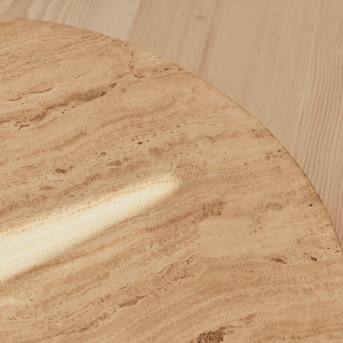 Melrose - Beige Travertine Round Warm Wood Premium Coffee Table