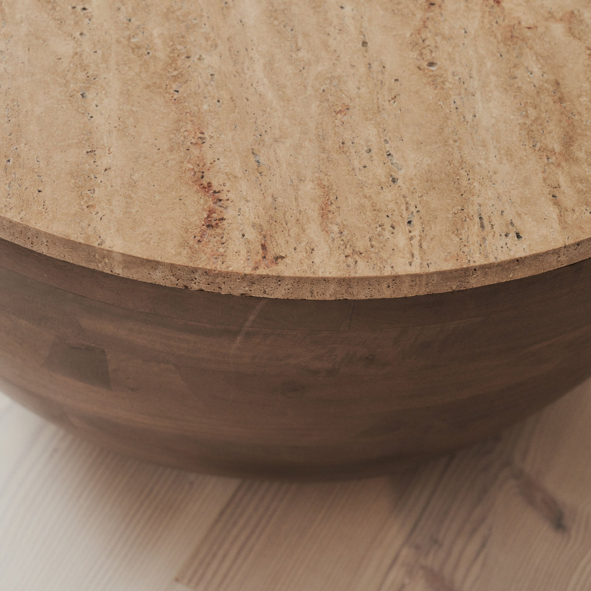 Lyra - Beige Travertine Round Warm Wood Premium Coffee Table