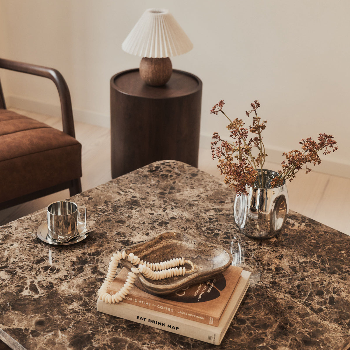 Melrose - Dark Emperador Marble Square Dark Wood Premium Coffee Table