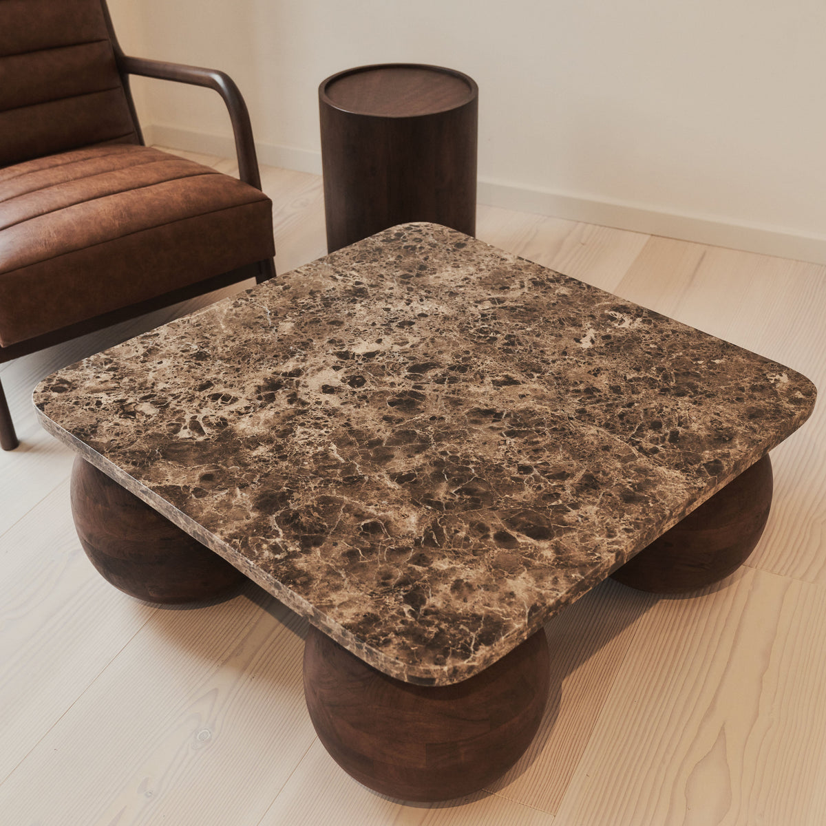 Melrose - Dark Emperador Marble Square Dark Wood Premium Coffee Table