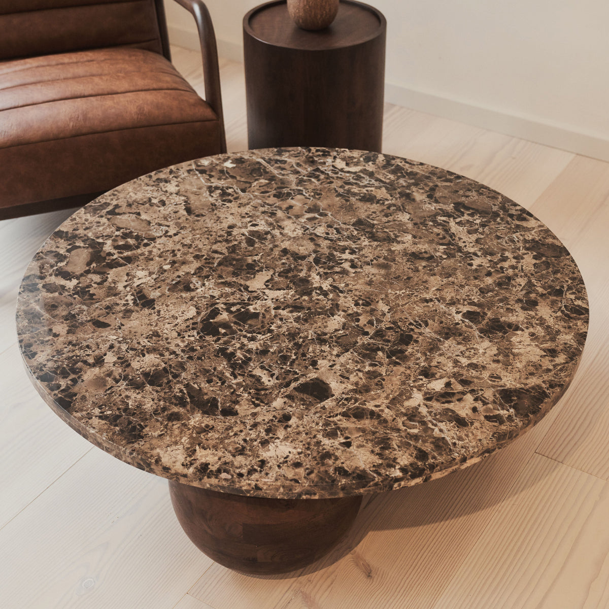 Melrose - Dark Emperador Marble Round Dark Wood Premium Coffee Table